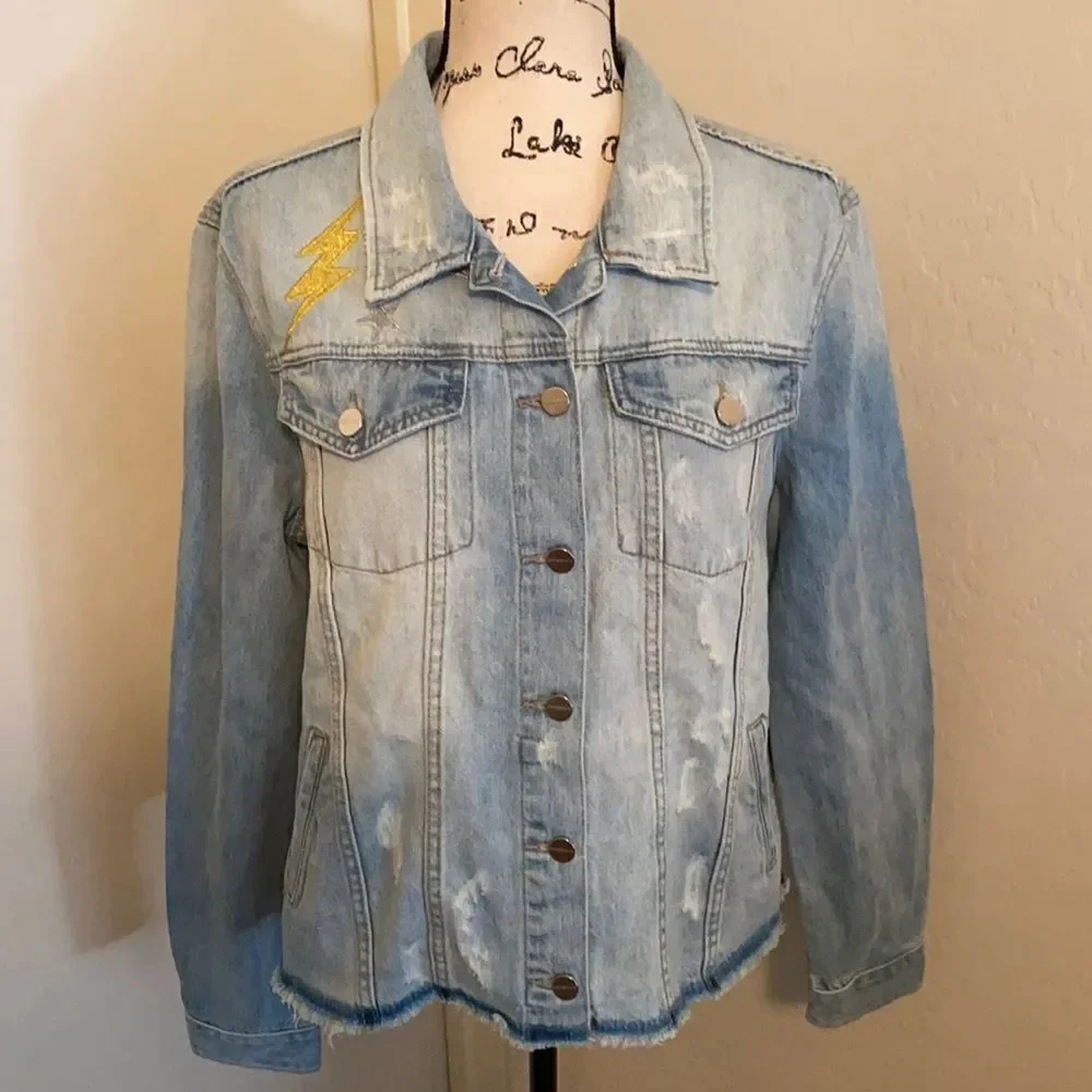Sanctuary Milkyway Walker Intentional Factory Blue Distressed Denim Boho Jacket